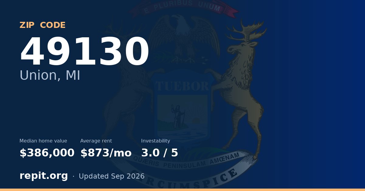 ZIP code 49130 (Union, MI) — median home value $386,000, average rent $873/mo