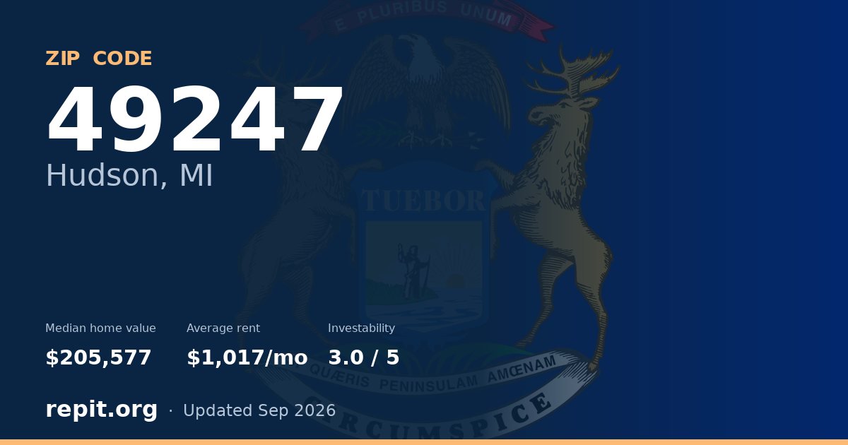 ZIP code 49247 (Hudson, MI) — median home value $205,577, average rent $1,017/mo