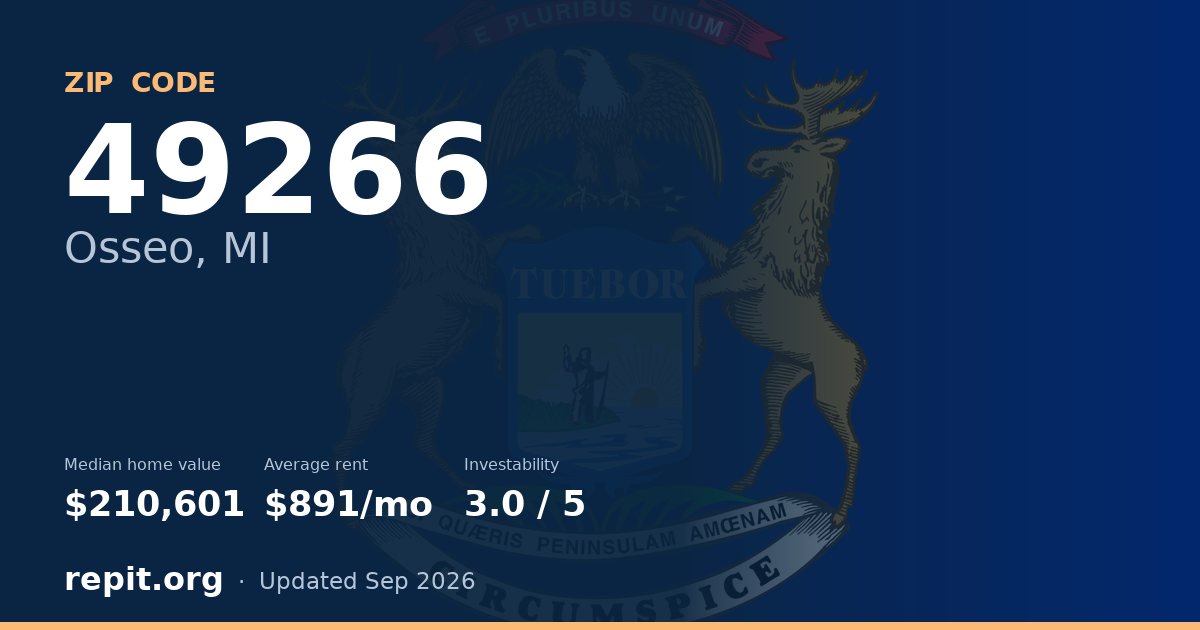 ZIP code 49266 (Osseo, MI) — median home value $210,601, average rent $891/mo