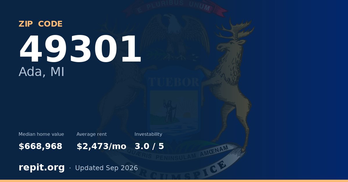 ZIP code 49301 (Ada, MI) — median home value $668,968, average rent $2,473/mo