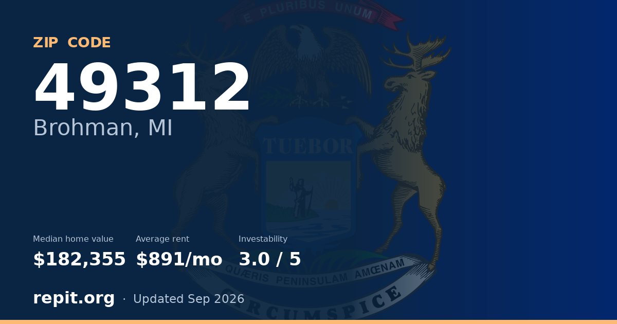 ZIP code 49312 (Brohman, MI) — median home value $182,355, average rent $891/mo