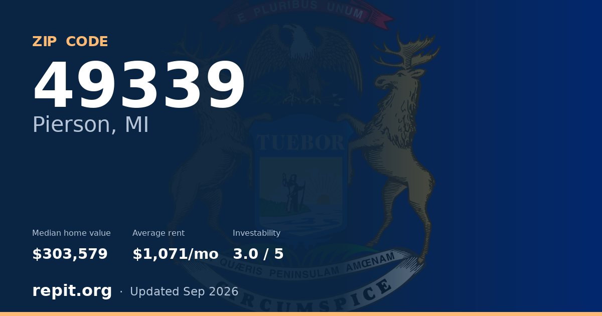 ZIP code 49339 (Pierson, MI) — median home value $303,579, average rent $1,071/mo