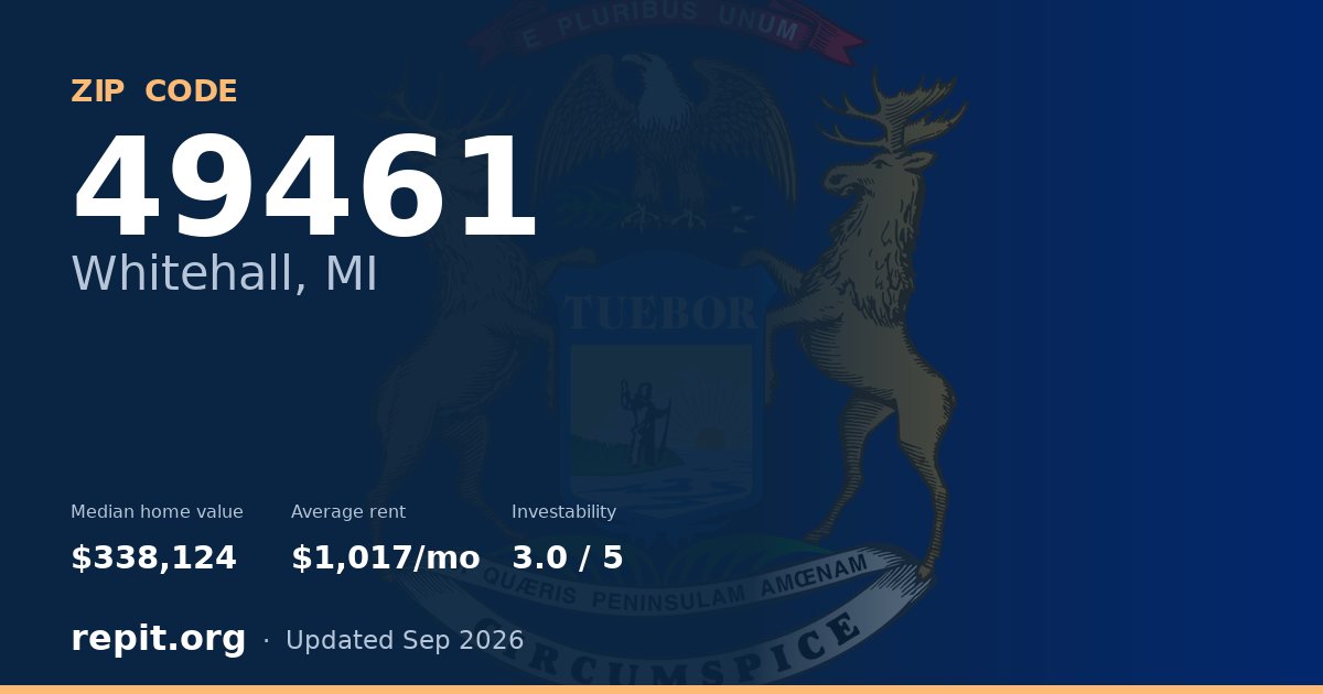 ZIP code 49461 (Whitehall, MI) — median home value $338,124, average rent $1,017/mo