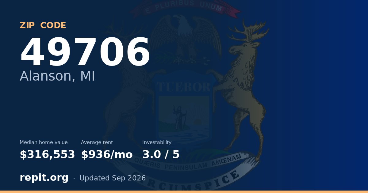 ZIP code 49706 (Alanson, MI) — median home value $316,553, average rent $936/mo