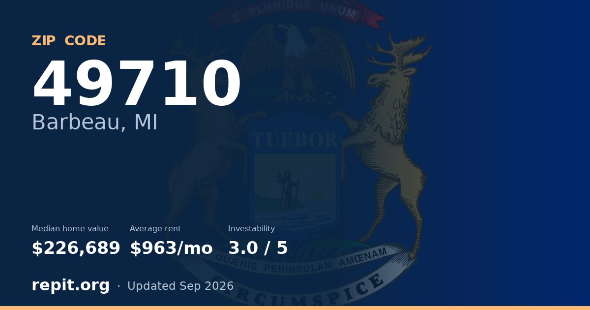 ZIP code 49710 (Barbeau, MI) — median home value $226,689, average rent $963/mo