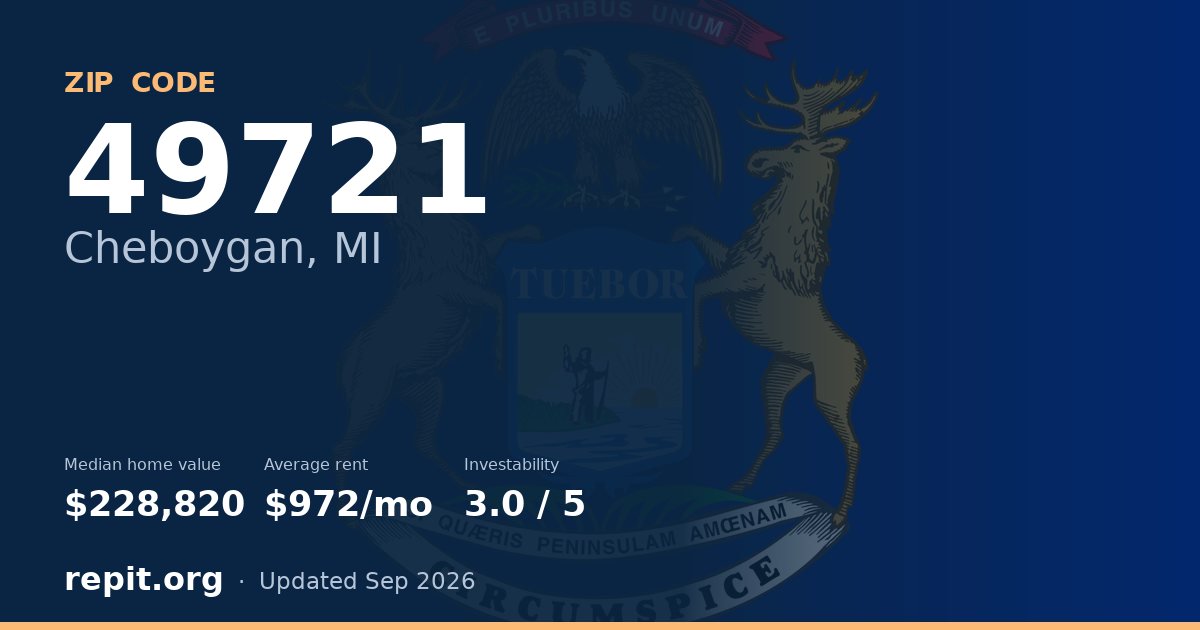 ZIP code 49721 (Cheboygan, MI) — median home value $228,820, average rent $972/mo