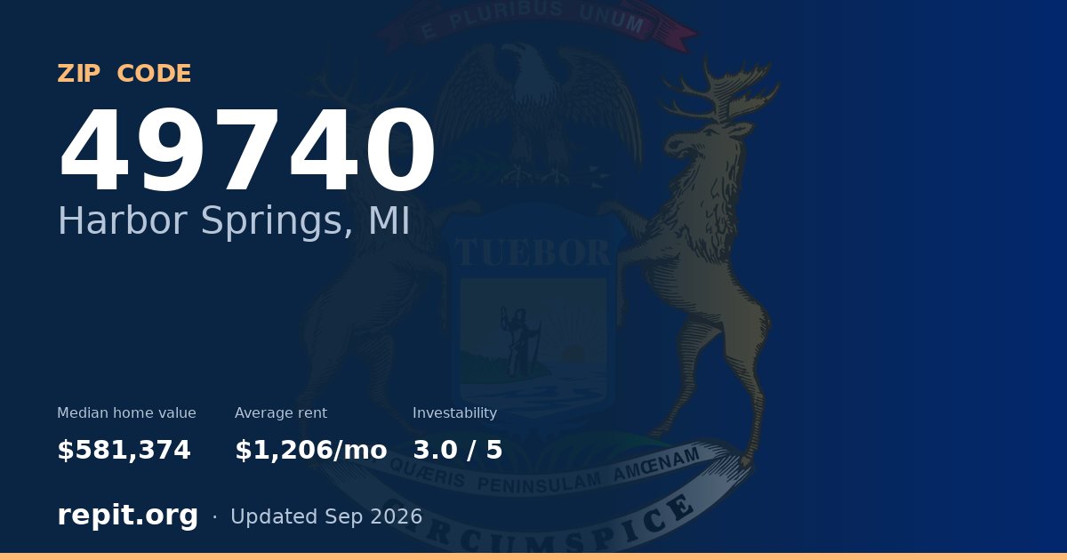 ZIP code 49740 (Harbor Springs, MI) — median home value $581,374, average rent $1,206/mo