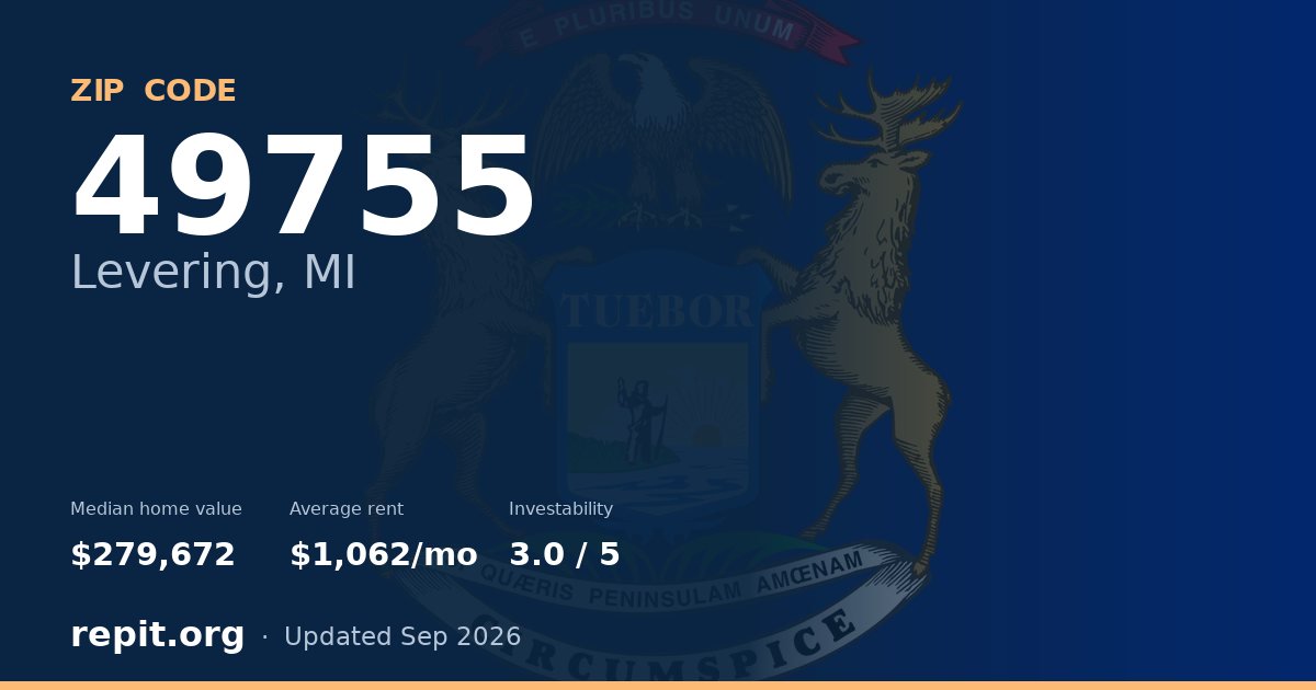 ZIP code 49755 (Levering, MI) — median home value $279,672, average rent $1,062/mo