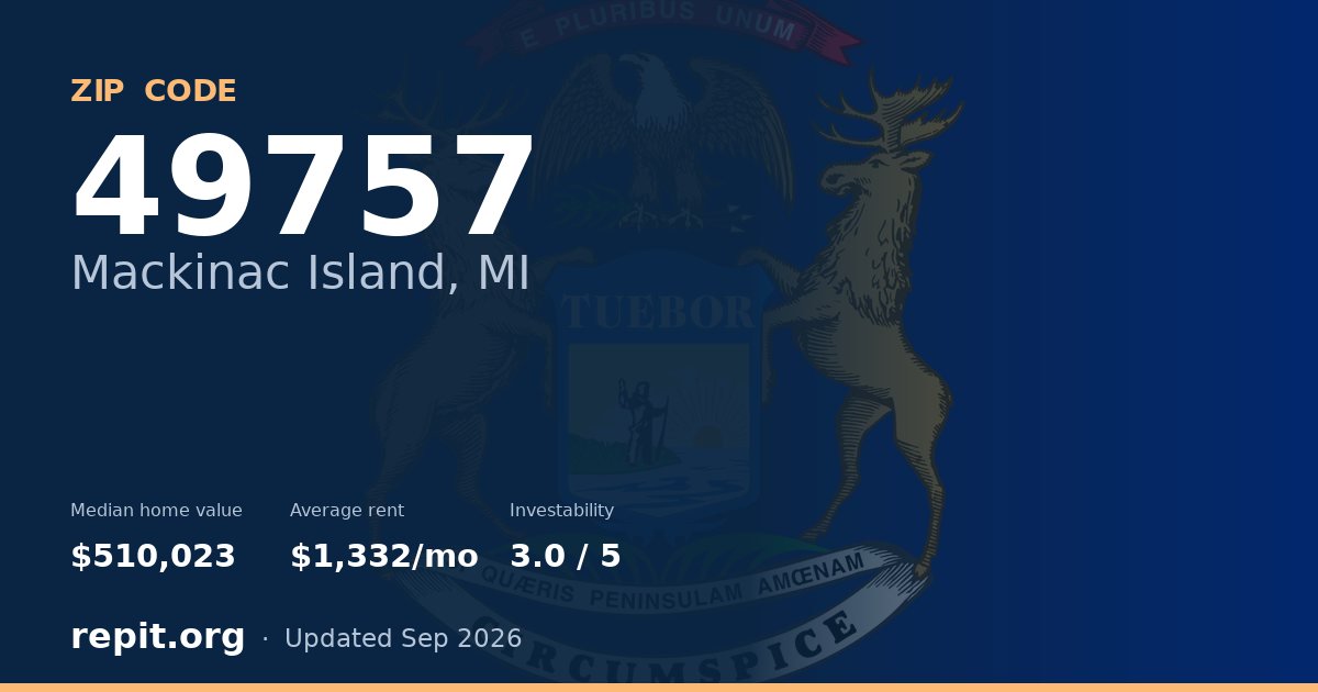 ZIP code 49757 (Mackinac Island, MI) — median home value $510,023, average rent $1,332/mo