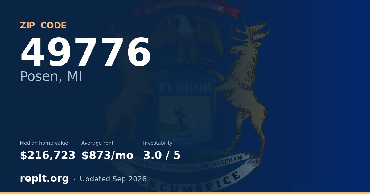 ZIP code 49776 (Posen, MI) — median home value $216,723, average rent $873/mo