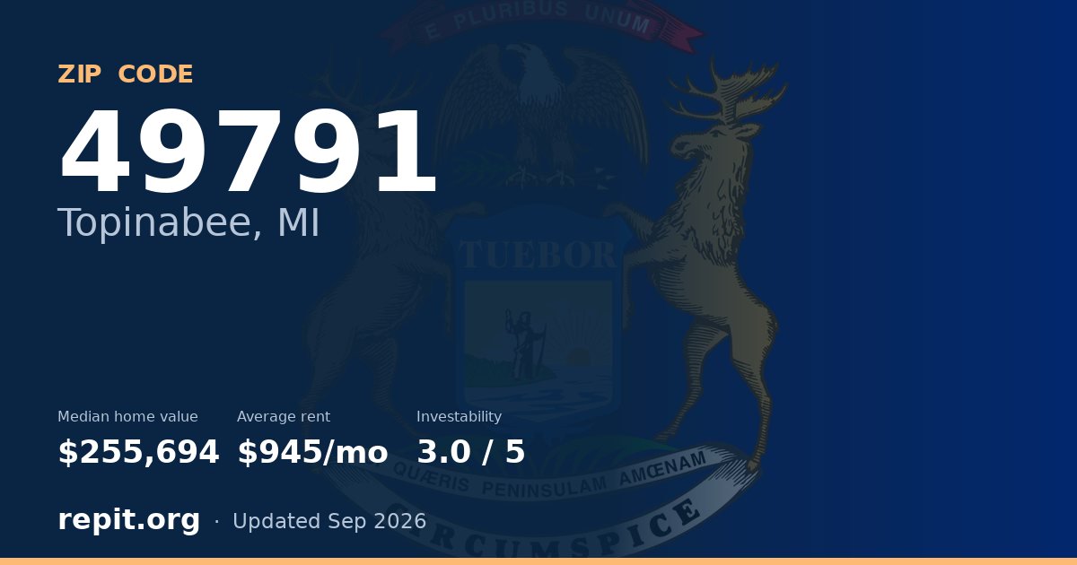 ZIP code 49791 (Topinabee, MI) — median home value $255,694, average rent $945/mo