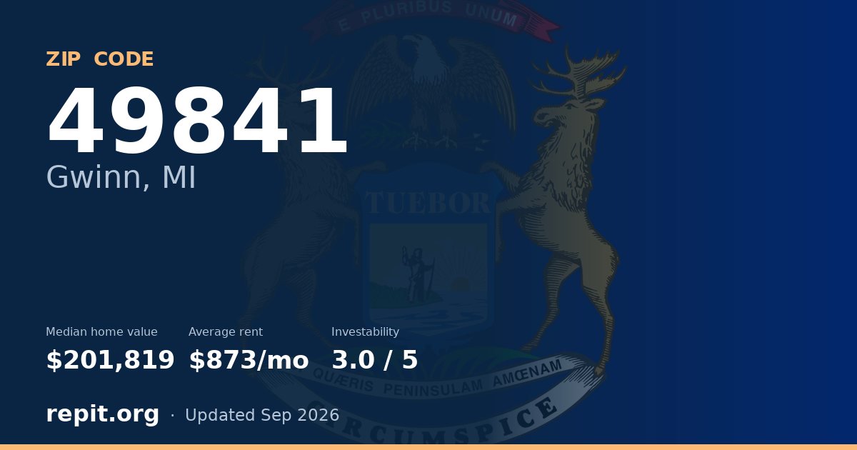 ZIP code 49841 (Gwinn, MI) — median home value $201,819, average rent $873/mo