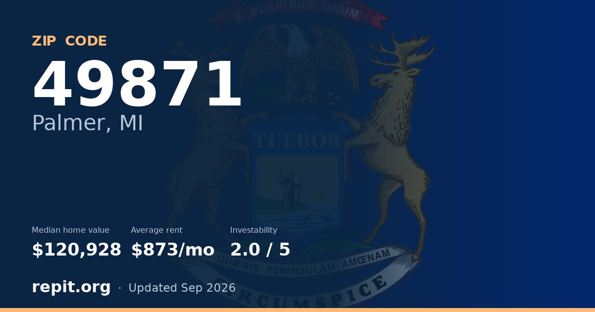 ZIP code 49871 (Palmer, MI) — median home value $120,928, average rent $873/mo