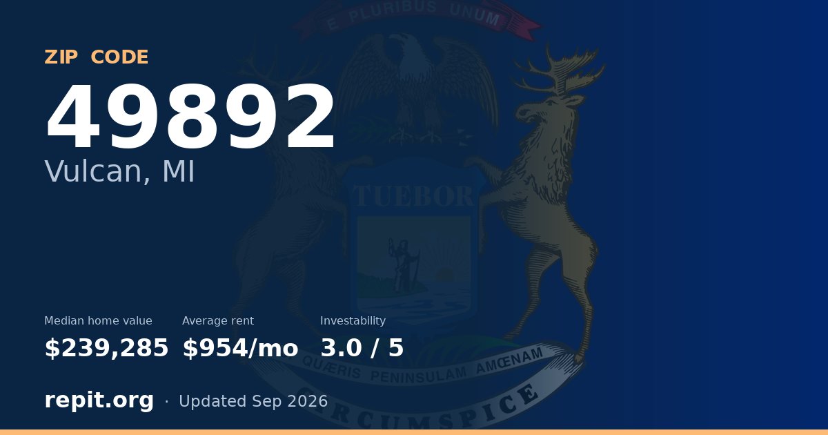 ZIP code 49892 (Vulcan, MI) — median home value $239,285, average rent $954/mo