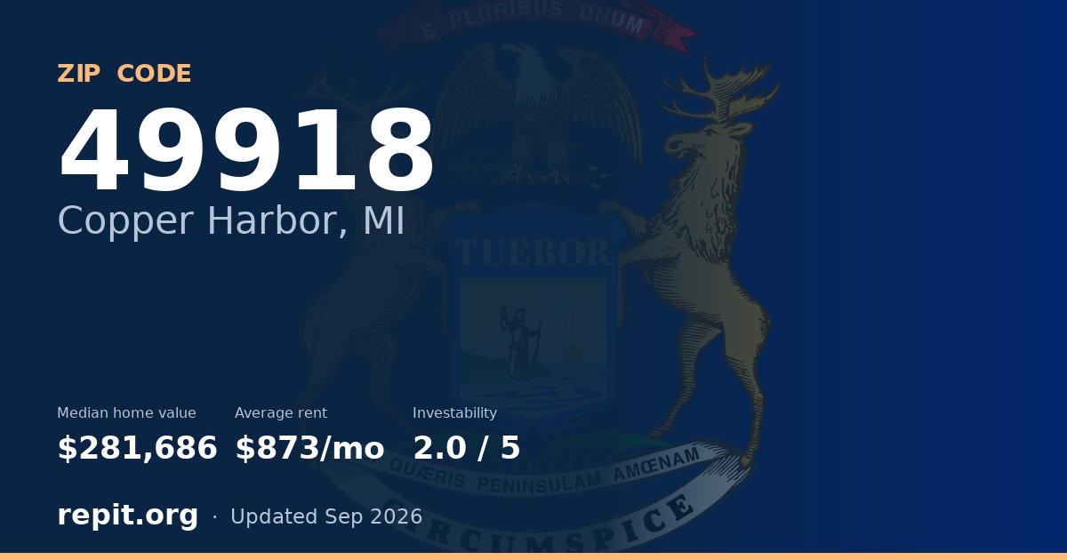 ZIP code 49918 (Copper Harbor, MI) — median home value $281,686, average rent $873/mo