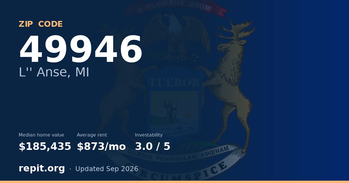 ZIP code 49946 (L'' Anse, MI) — median home value $185,435, average rent $873/mo
