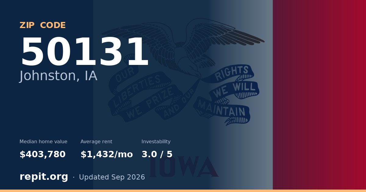 ZIP code 50131 (Johnston, IA) — median home value $403,780, average rent $1,432/mo