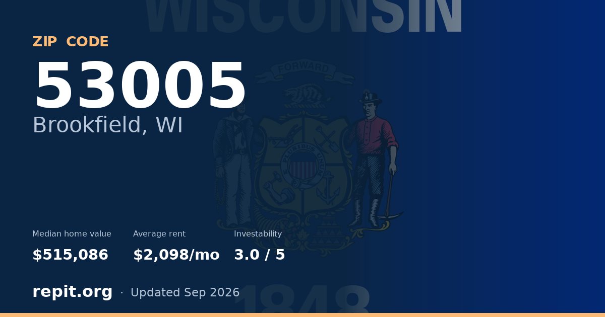 ZIP code 53005 (Brookfield, WI) — median home value $515,086, average rent $2,098/mo