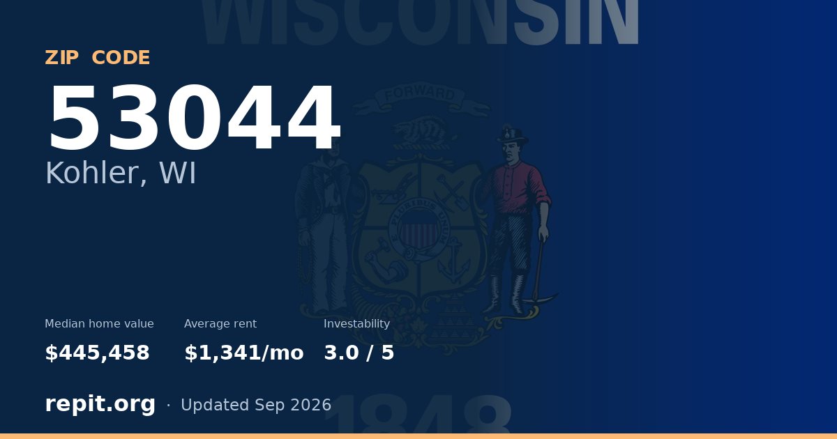 ZIP code 53044 (Kohler, WI) — median home value $445,458, average rent $1,341/mo