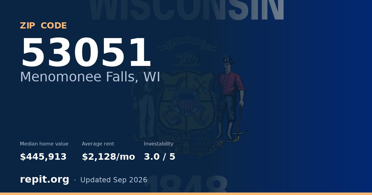 ZIP code 53051 (Menomonee Falls, WI) — median home value $445,913, average rent $2,128/mo