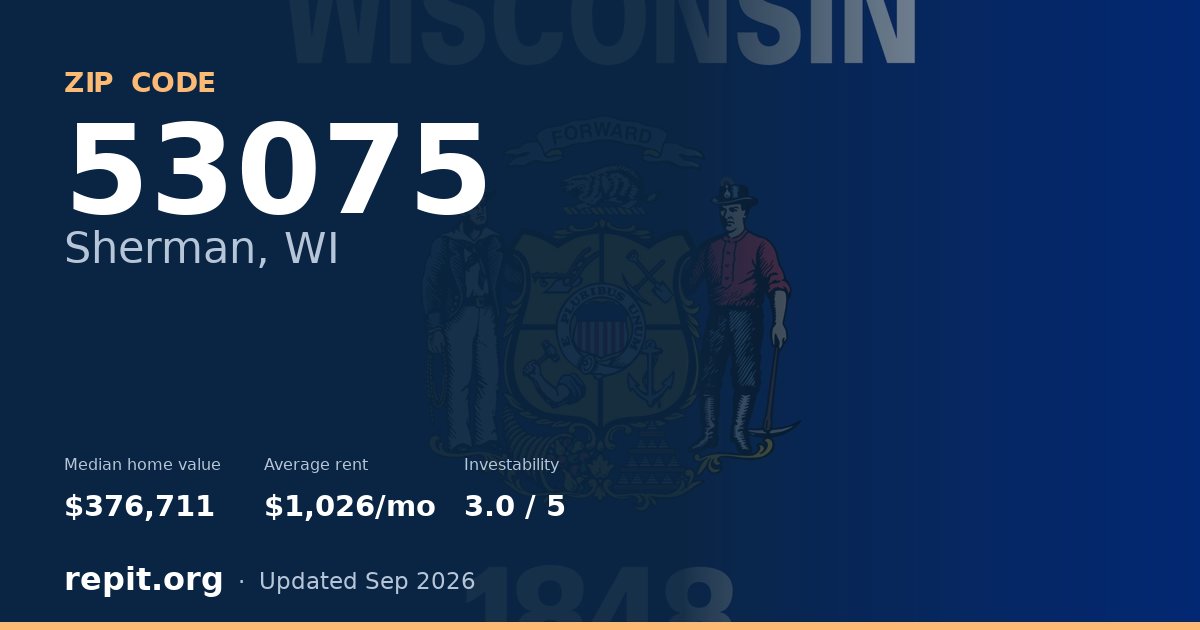ZIP code 53075 (Sherman, WI) — median home value $376,711, average rent $1,026/mo