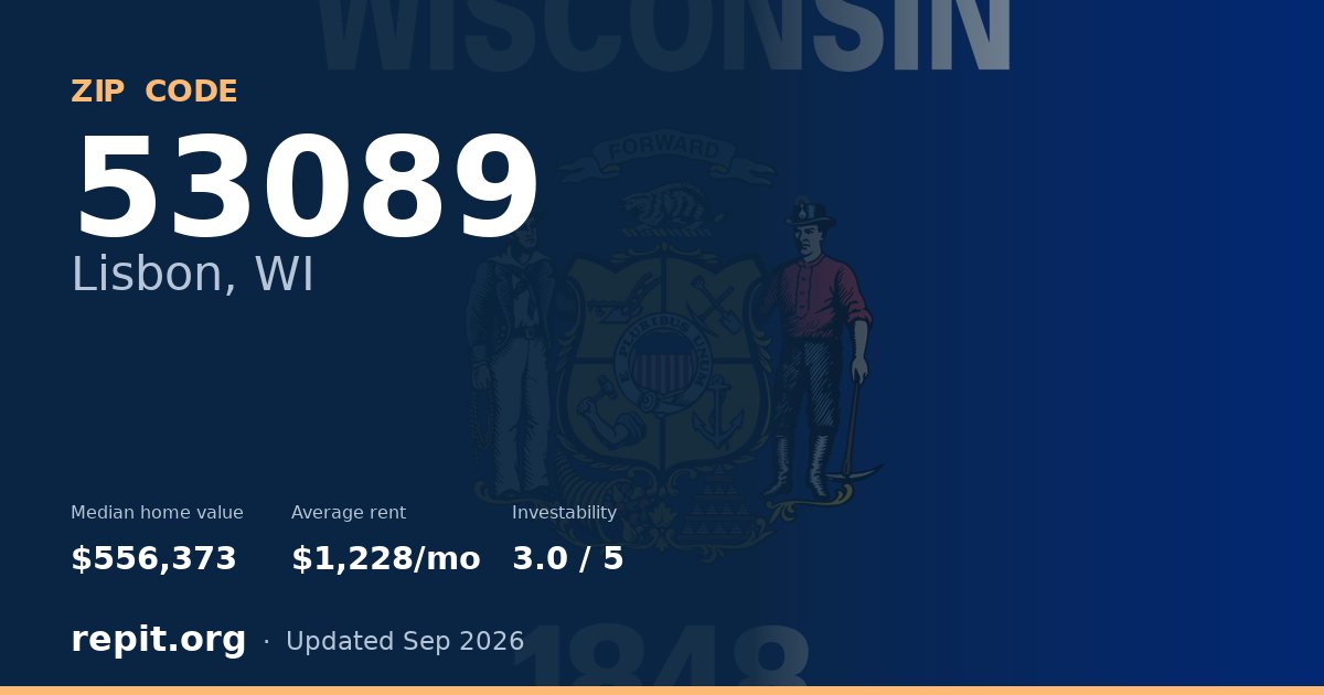 ZIP code 53089 (Lisbon, WI) — median home value $556,373, average rent $1,228/mo