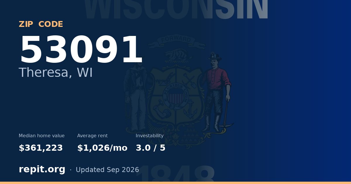 ZIP code 53091 (Theresa, WI) — median home value $361,223, average rent $1,026/mo
