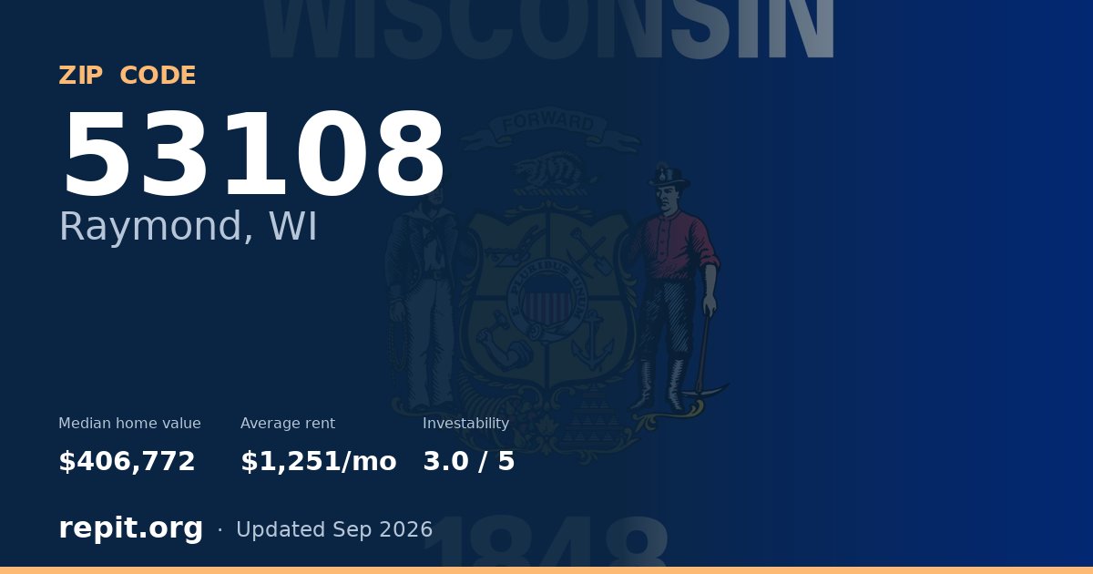 ZIP code 53108 (Raymond, WI) — median home value $406,772, average rent $1,251/mo