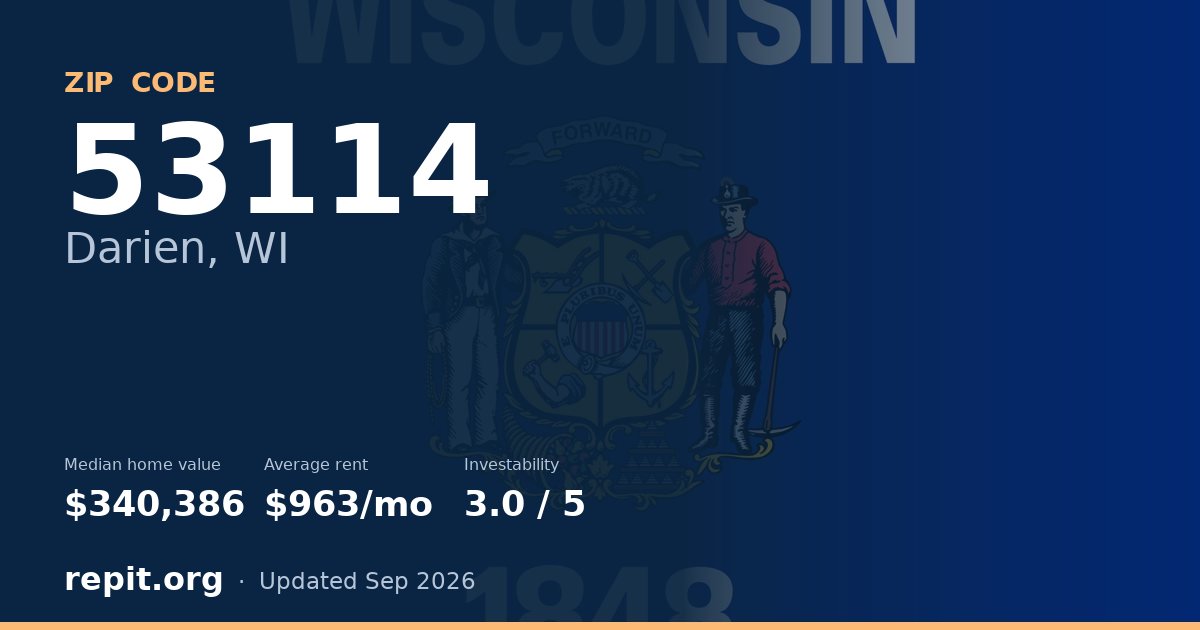 ZIP code 53114 (Darien, WI) — median home value $340,386, average rent $963/mo