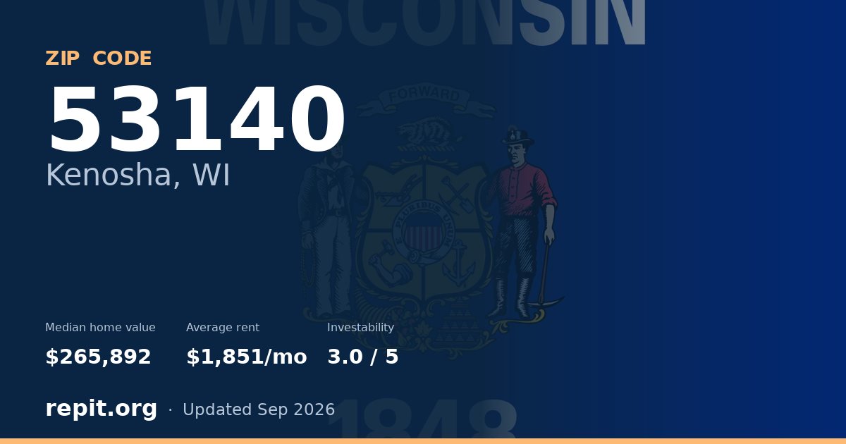ZIP code 53140 (Kenosha, WI) — median home value $265,892, average rent $1,851/mo