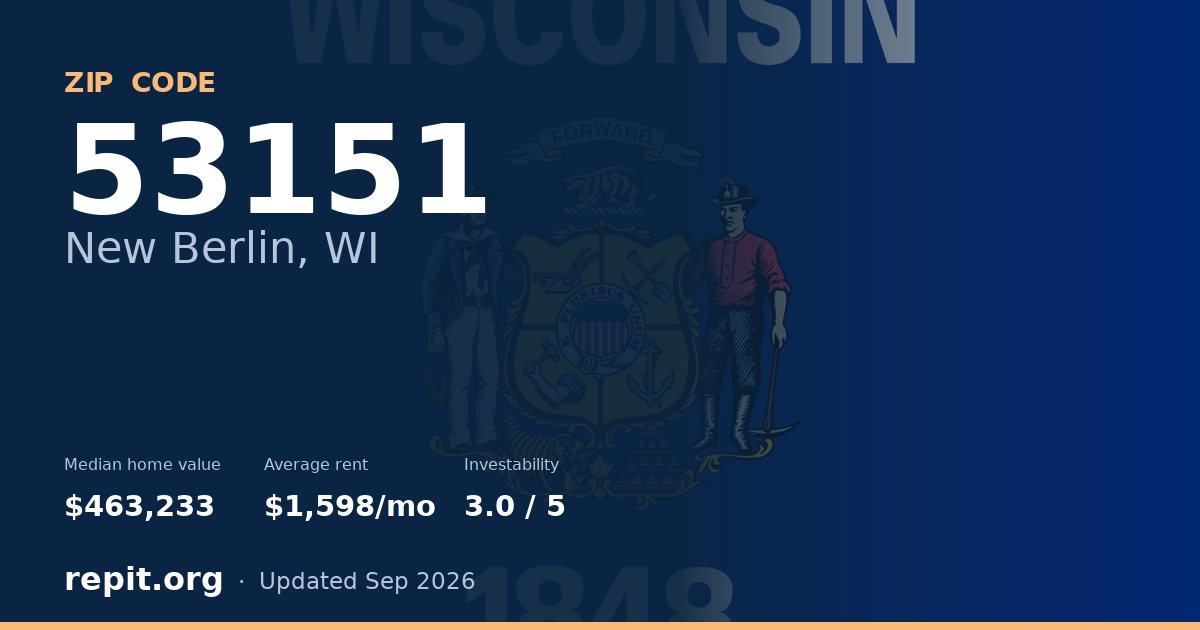 ZIP code 53151 (New Berlin, WI) — median home value $463,233, average rent $1,598/mo