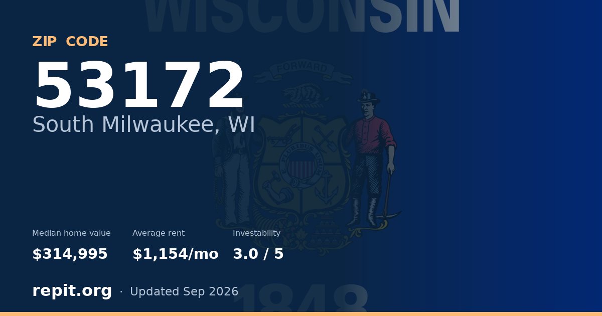 ZIP code 53172 (South Milwaukee, WI) — median home value $314,995, average rent $1,154/mo