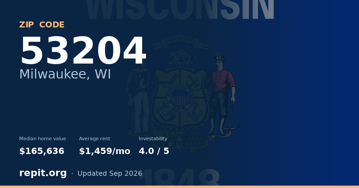 ZIP code 53204 (Milwaukee, WI) — median home value $165,636, average rent $1,459/mo