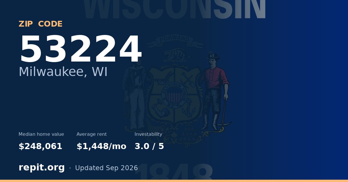 ZIP code 53224 (Milwaukee, WI) — median home value $248,061, average rent $1,448/mo