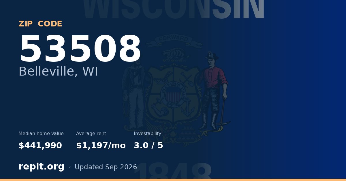 ZIP code 53508 (Belleville, WI) — median home value $441,990, average rent $1,197/mo