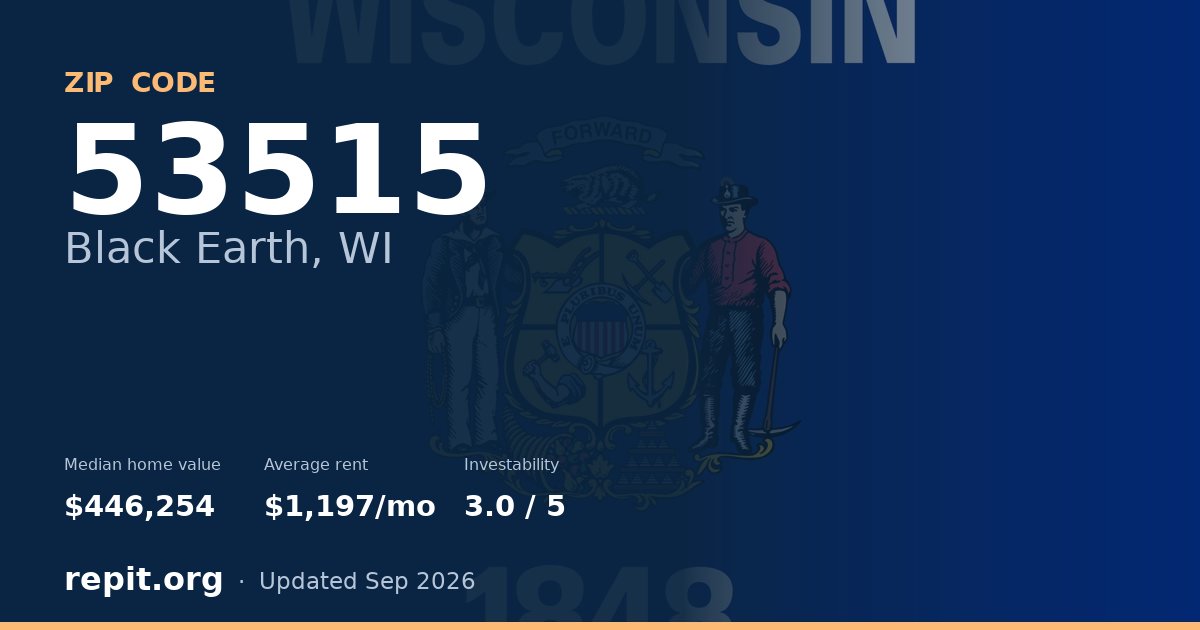 ZIP code 53515 (Black Earth, WI) — median home value $446,254, average rent $1,197/mo