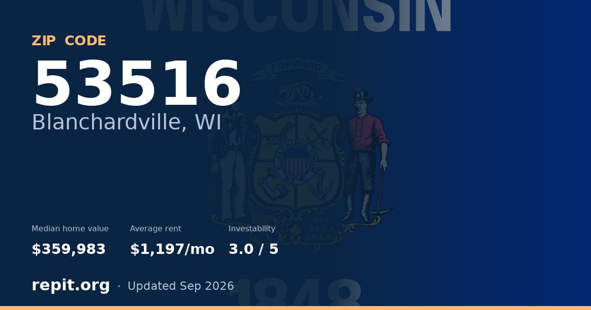 ZIP code 53516 (Blanchardville, WI) — median home value $359,983, average rent $1,197/mo