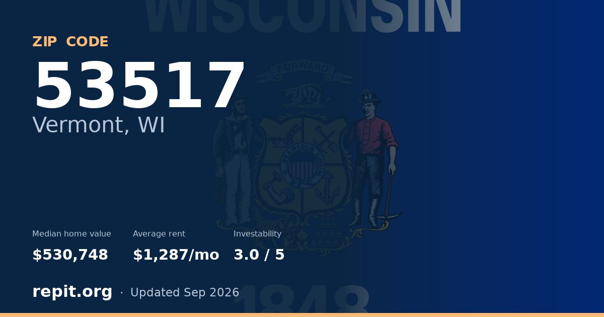 ZIP code 53517 (Vermont, WI) — median home value $530,748, average rent $1,287/mo