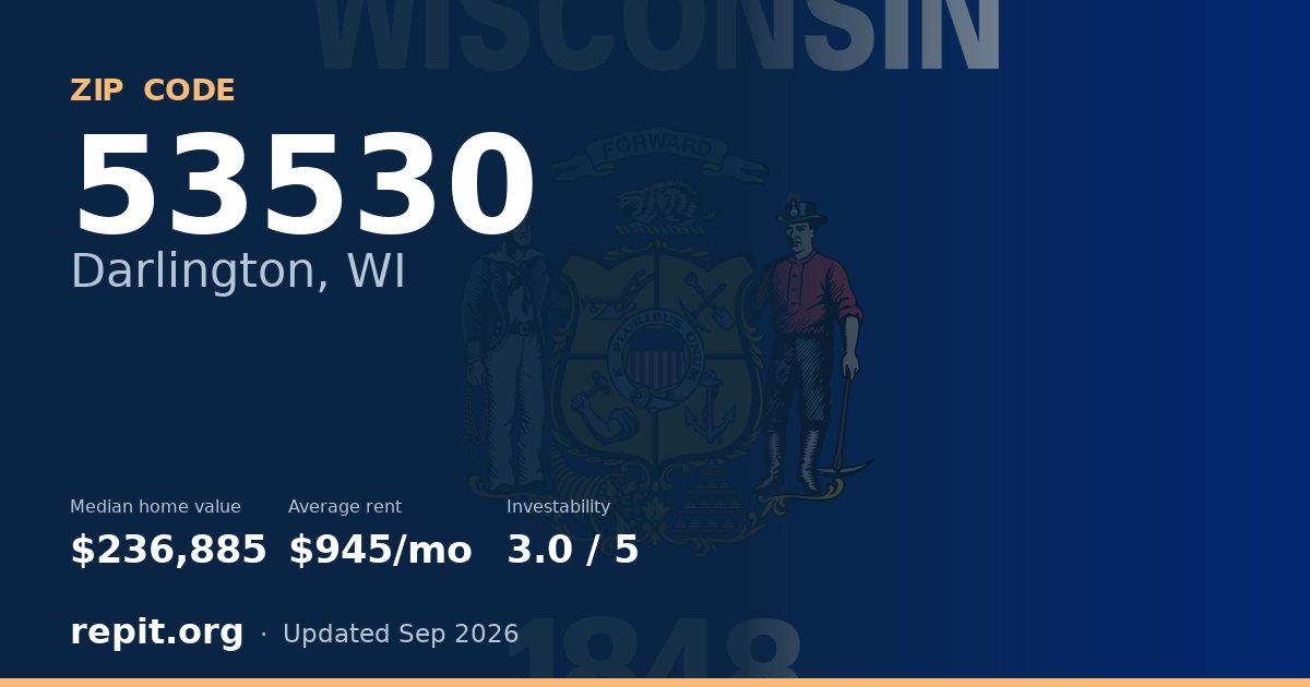 ZIP code 53530 (Darlington, WI) — median home value $236,885, average rent $945/mo