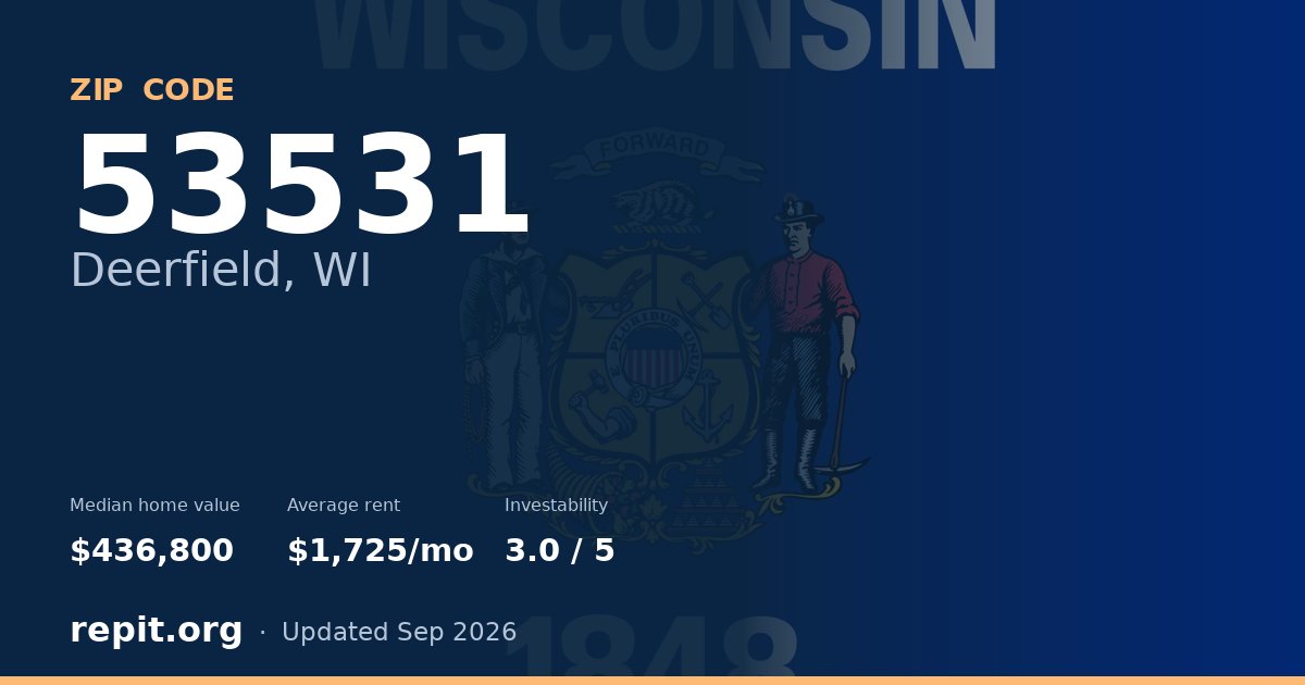 ZIP code 53531 (Deerfield, WI) — median home value $436,800, average rent $1,725/mo