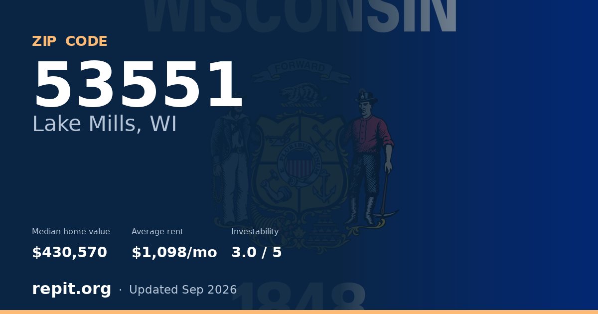 ZIP code 53551 (Lake Mills, WI) — median home value $430,570, average rent $1,098/mo
