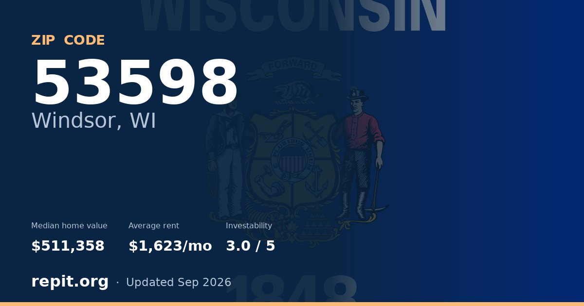 ZIP code 53598 (Windsor, WI) — median home value $511,358, average rent $1,623/mo