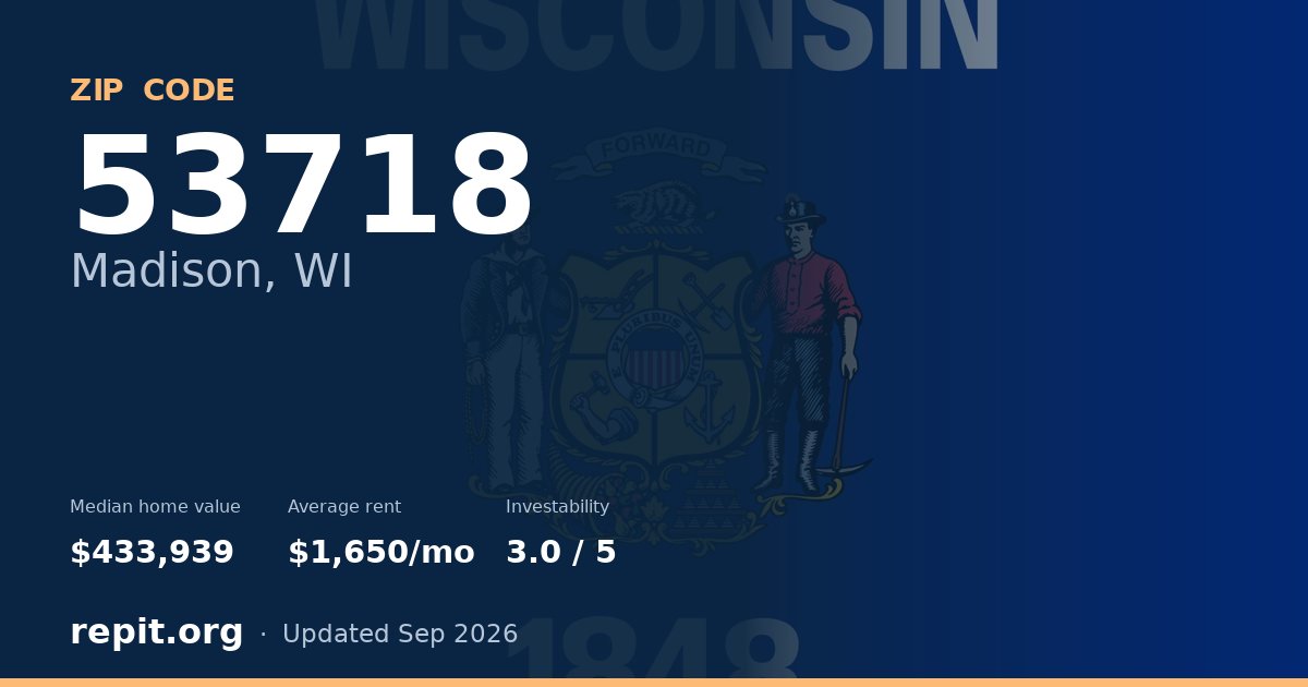 ZIP code 53718 (Madison, WI) — median home value $433,939, average rent $1,650/mo