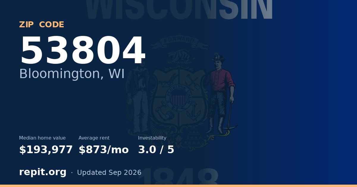 ZIP code 53804 (Bloomington, WI) — median home value $193,977, average rent $873/mo