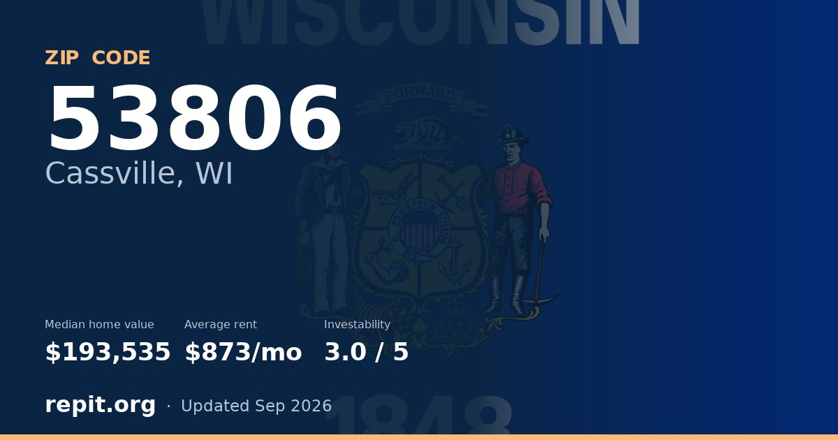ZIP code 53806 (Cassville, WI) — median home value $193,535, average rent $873/mo