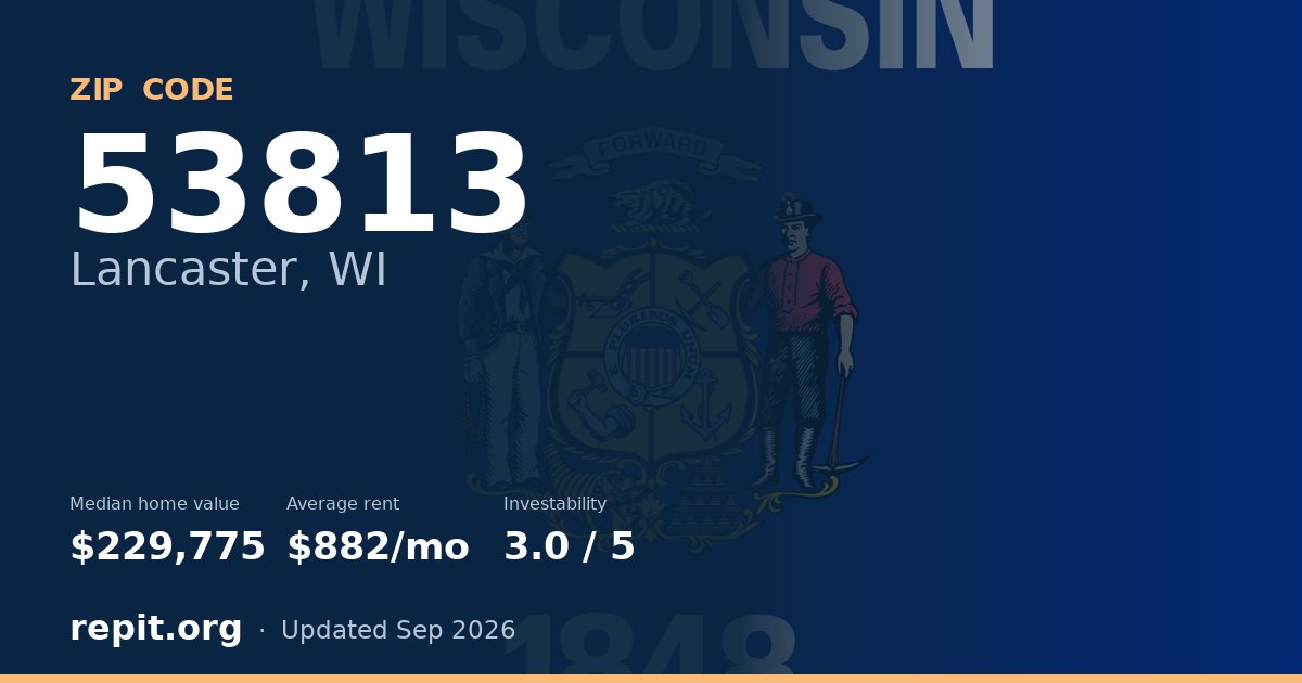 ZIP code 53813 (Lancaster, WI) — median home value $229,775, average rent $882/mo