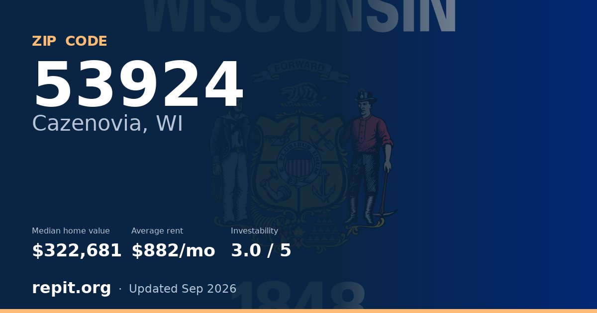 ZIP code 53924 (Cazenovia, WI) — median home value $322,681, average rent $882/mo