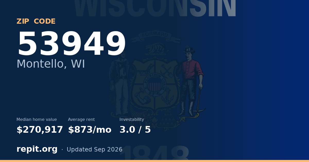 ZIP code 53949 (Montello, WI) — median home value $270,917, average rent $873/mo