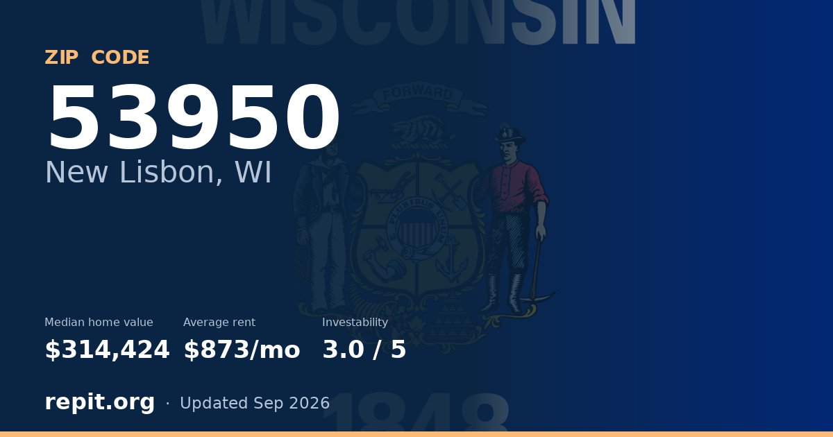ZIP code 53950 (New Lisbon, WI) — median home value $314,424, average rent $873/mo