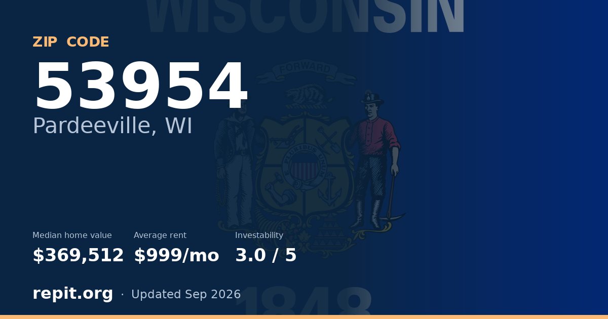 ZIP code 53954 (Pardeeville, WI) — median home value $369,512, average rent $999/mo